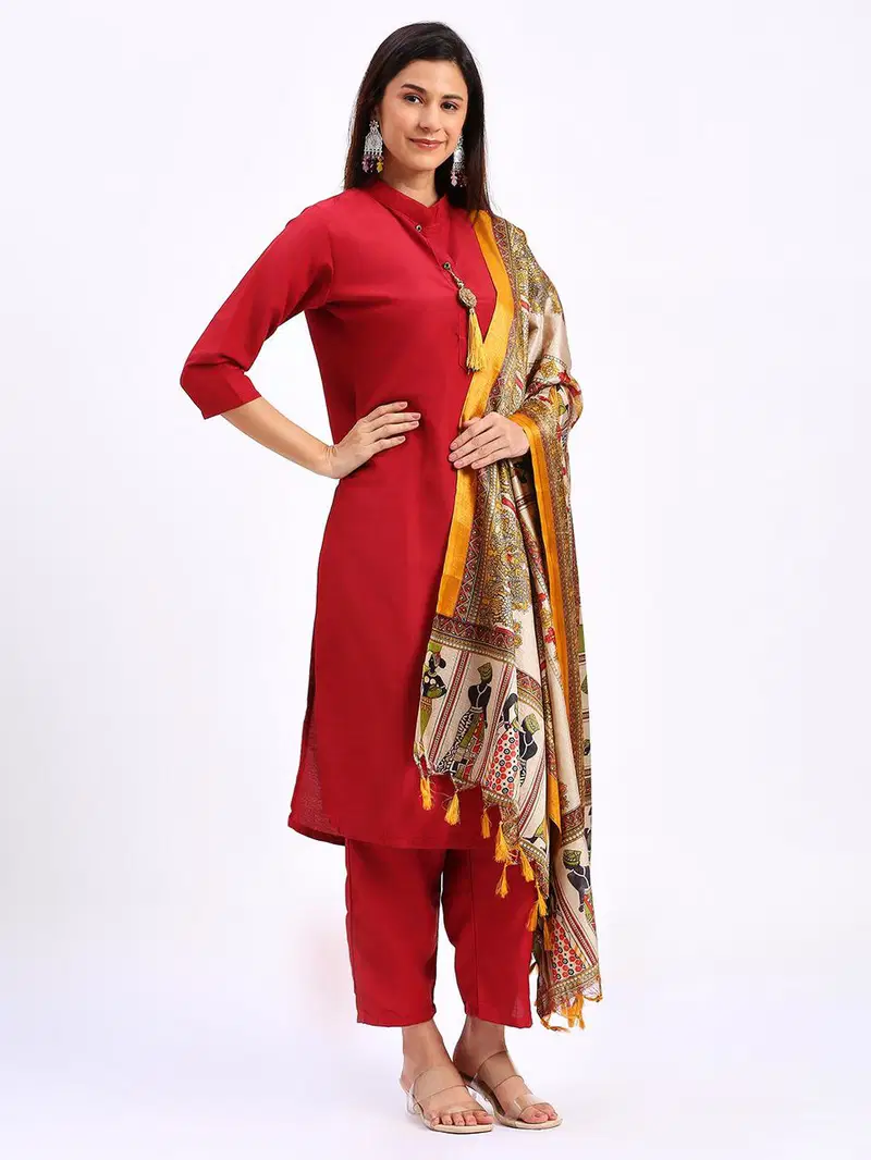 Vt Designer Solid Maroon Printed Cotton Kurti With Bottom Dupatta Wholesale Price In Surat
